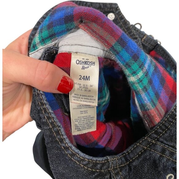Oshkosh B'gosh Toddler Vestbak Dark Blue Denim Overalls Plaid Lining 24 months - Picture 7 of 7